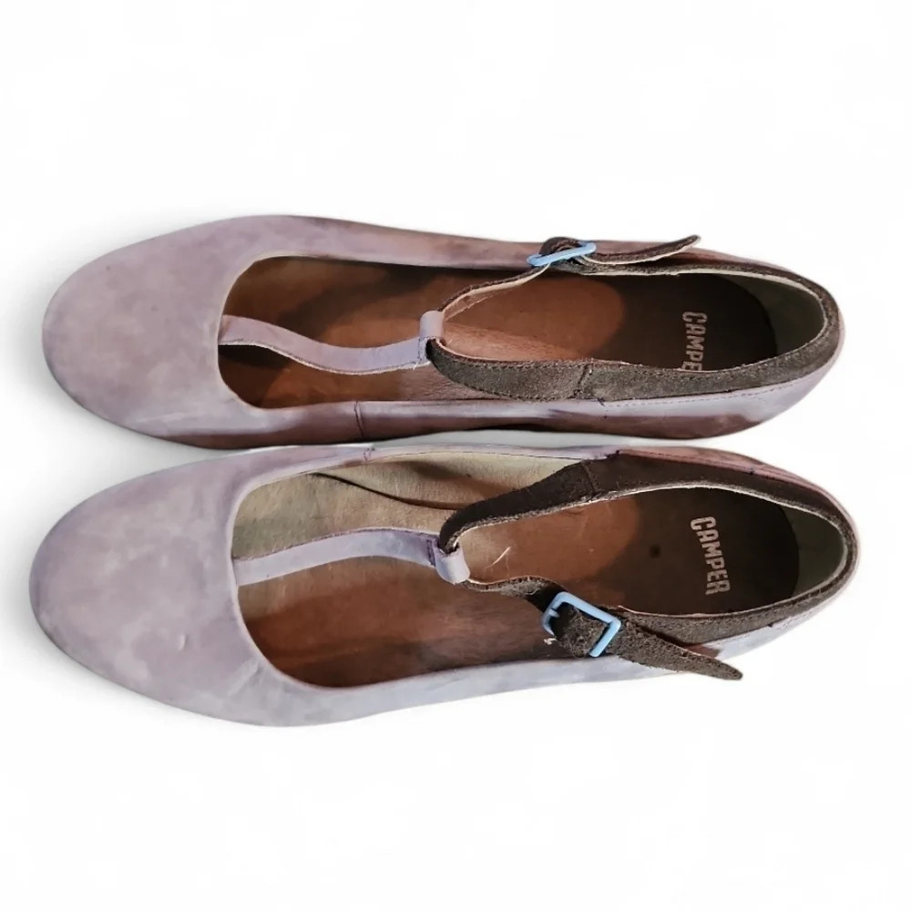 CAMPER Laika MultiColor T-Strap Chunky Platform Shoes Suede Violet Blue Gray